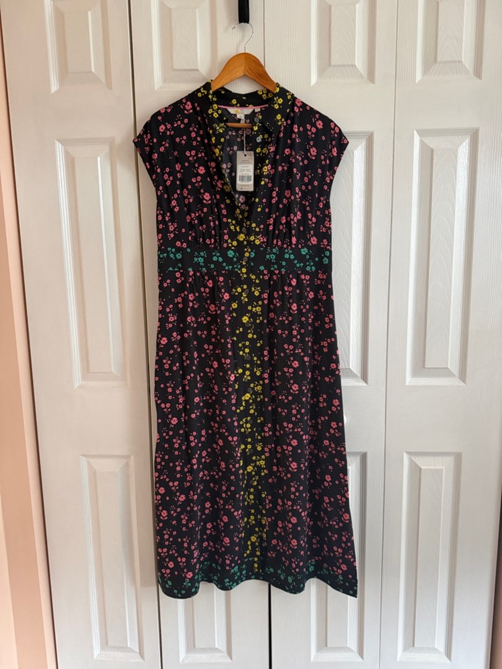 Boden Black Midi Dress with Pink and Yellow Floral Print